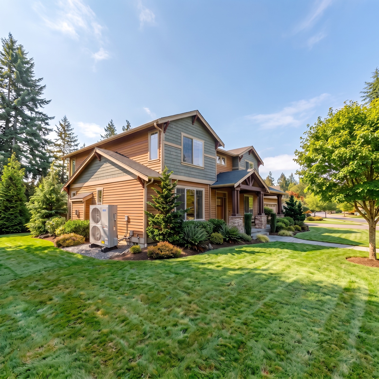 Outdoor heat pump unit installed beside a two-story wood-sided home on a freshly mowed lawn