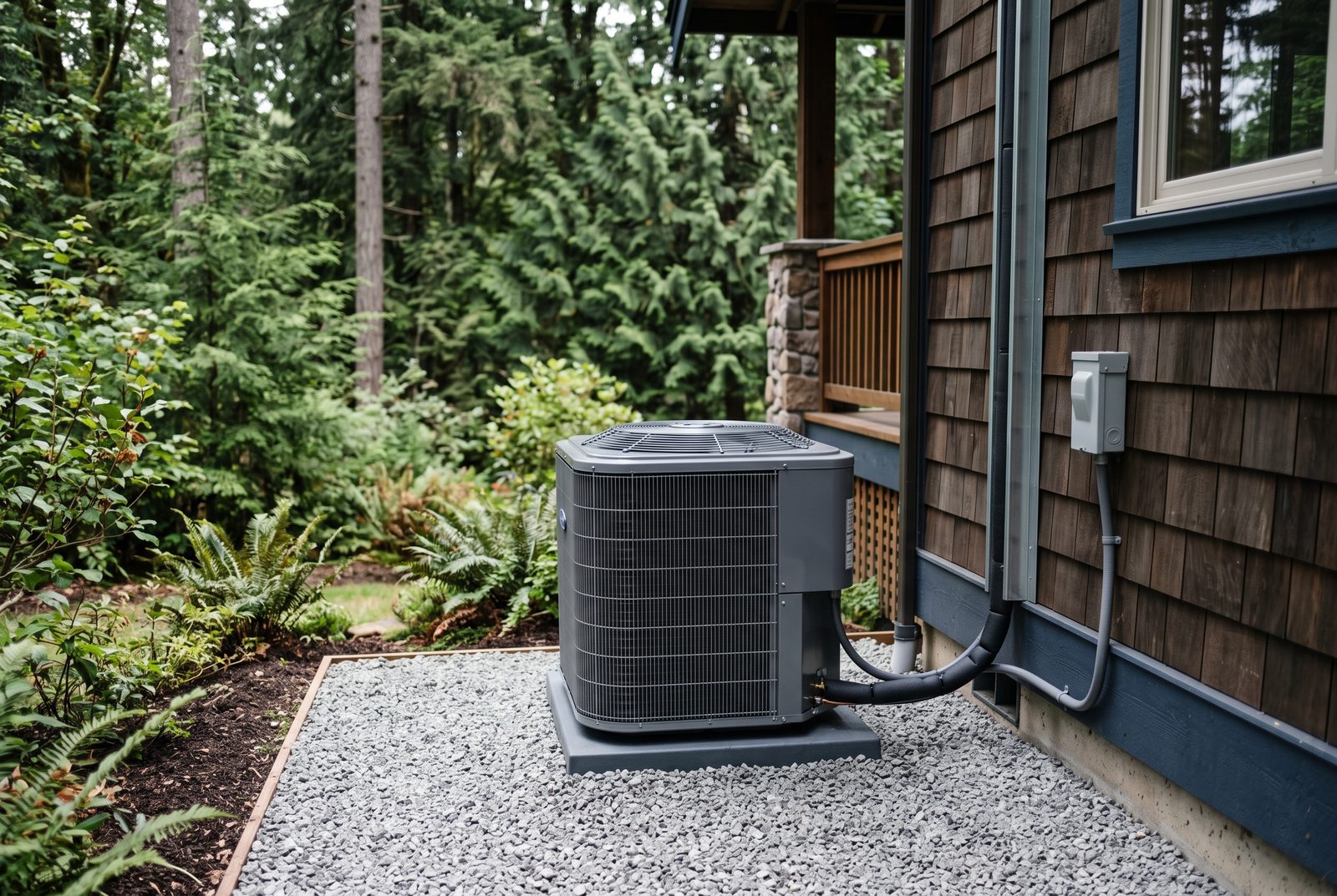 New air-conditioner condenser installed beside a home