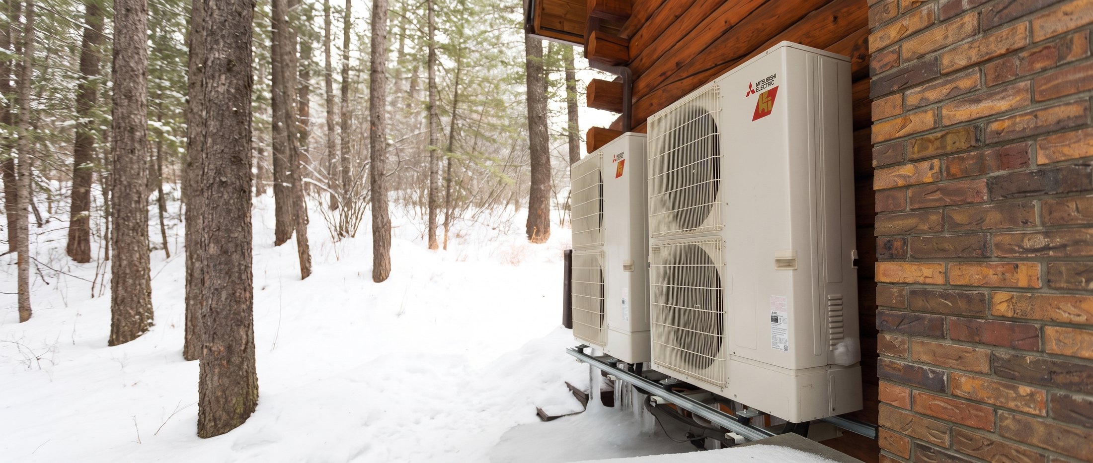 Heat pump outdoor units mounted on a wood-sided home in the snow