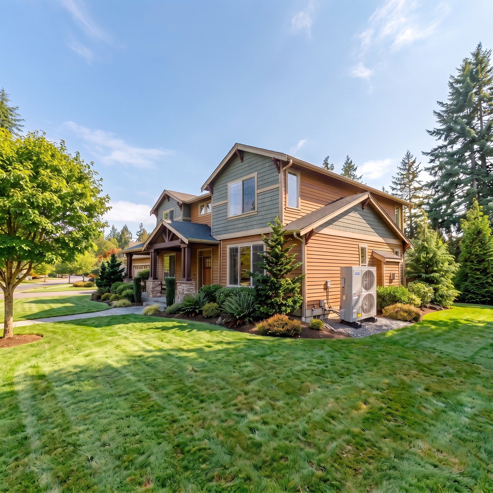 Newly built two-story home with a new outdoor unit beside the garage