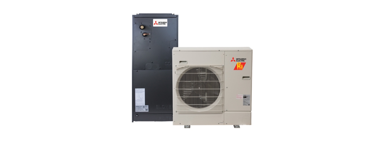 Mitsubishi SVZ-KP24NA multi-position low-static air handler beside its SUZ hyper-heating outdoor unit